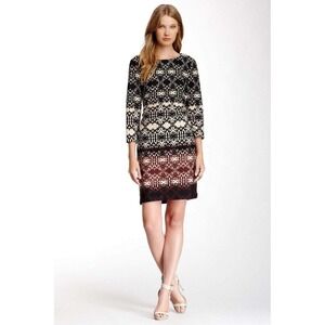 Taylor Size 8 Damask Geometric Ombre Sheath Dress 3/4 Sleeve Burgundy Black